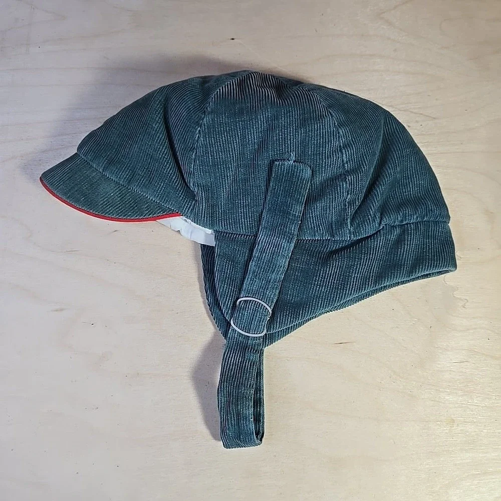 VTG Kids Teal Corduroy Ear Flap Winter Ski Cap Lined Chin Strap Rare Germany 60s